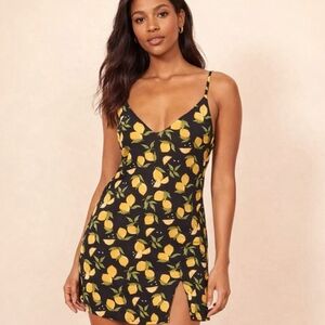 Reformation Marlowe Lemon Drop Mini Dress Black V-neck Thigh Slit Size Small